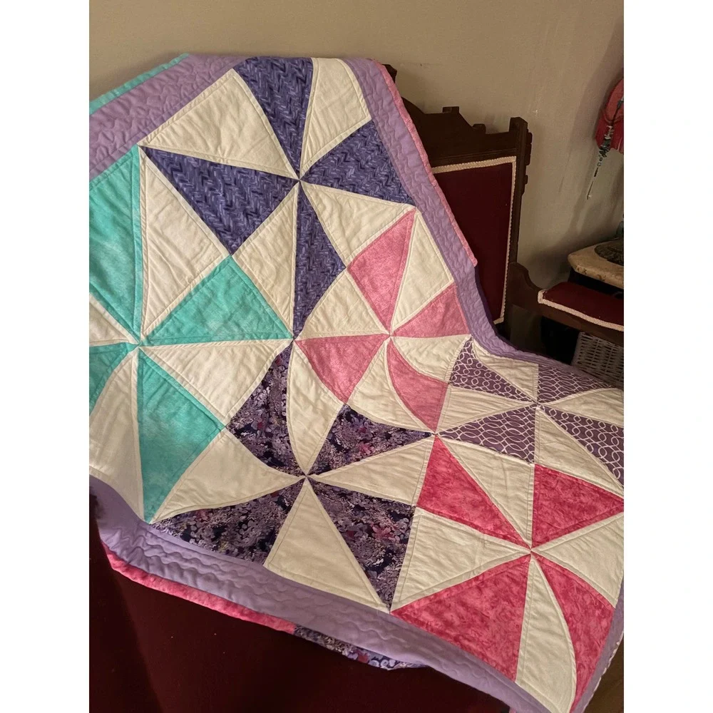 Handmade Patchwork Quilt Pinwheel Geometric Purple Pink Teal White Throw Blanket